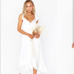 NEW WITH TAGS - Show Me Your Mumu Samantha Ruffle Wrap Dress in White Luxe Satin